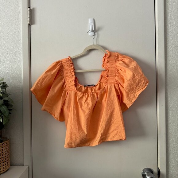 ☀️ ZARA Coral Orange Flutter Sleeve Poplin Crop Top Medium Casual Coquette Prep - Picture 2 of 3